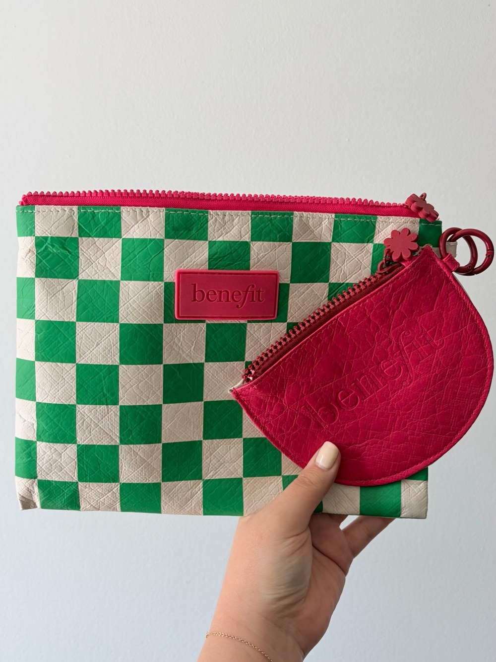 Benefit Green and White Checker Pouch with Hot Pink Coin Case